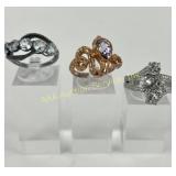 (3) 925 Sterling Silver Rings with Clear and Purpl