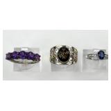 (3) 925 Sterling Silver Rings with Purple, Blue, a