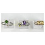 (3) 925 Sterling Silver Rings with Orange, Purple,