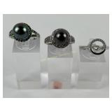 (3) 925 Sterling Silver Rings with Black Pearls an