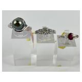 (3) 925 Sterling Silver rings with Pearl, Gemstone