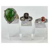 (3) 925 Sterling Silver Rings with Green, Red, and