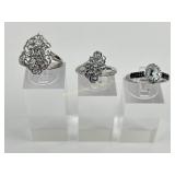 (3) 925 Sterling Silver Rings featuring Clear Gems