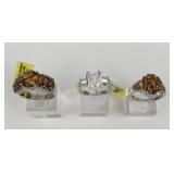 (3) 925 Sterling Silver Rings with Orange and Clea