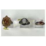 (3) 925 Sterling Silver Rings with Orange and Clea