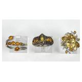 (3) Sterling Silver Rings with Orange and Yellow G