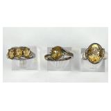 (3) 925 Sterling Silver Rings with Yellow Gemstone