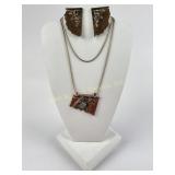 Sterling, Copper & Green Glass Necklace & Earrings