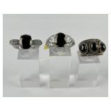 (3) Sterling Silver Rings with Black Gemstones wei
