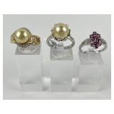 (3) 925 Sterling Rings with Pearl and Pink Gemston