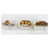 (3) 925 Sterling Silver Rings with Yellow Gemstone