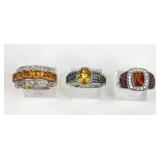 (3) 925 Sterling Silver Rings with Orange, Red, an