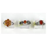 (3) 925 Sterling Silver Rings with Citrine and Red