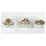 (3) 925 Sterling Silver Rings with Orange Gemstone