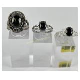 (3) 925 Sterling Silver Rings with Black Gemstones
