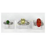 (3) 925 Sterling Rings with Yellow, Green, and Red