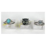(3) 925 Sterling Silver Rings with Gemstones Accen