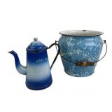 Blue Enamel Bucket and Granite Ware Coffee Pot
