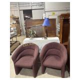 2 maroon chairs, 2 lamps