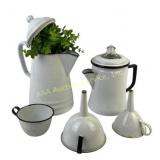 White Graniteware/Enamelware Pitchers, Funnels, Cu