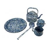 Blue Graniteware/Enamelware Teapot, Platter, Ladle