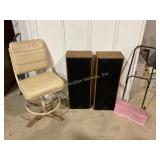 Sharp Floor speakers, barstool, wheeled shovel