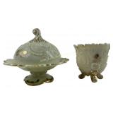 Uranium glass lidded container woth floral and
