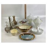 Milk Glass, Gold Trimmed Dishware, Glass Cruets, H
