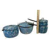 Blue Graniteware/Enamelware Pots, Lidded Saucepans