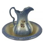 Blue Ironstone Pitcher & Basin with Floral Design