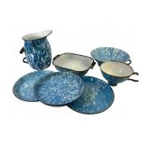 Blue Graniteware/Enamelware Plates, Strainer, Pitc