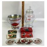Coca-Cola Glass Jar, Tin Bucket, Coasters