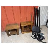 2 solid wood tables, exercise equipment