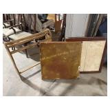 2 folding tables, integrated chair, quilt rack