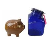 Ceramic Piggy Bank, Cobalt Blue Flour Jar