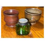 Stoneware Cups, Green Glass Jar