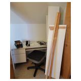 Desk, Office stool, Power Strip, Speakers, wood sh