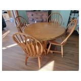 Oak Pedestal Dining Table, (4) Spindle-Back Chairs
