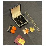 Gold Necklace, Leaf Pins, Orange Earrings,ï¿½Gold-to