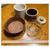 Ceramic Crocks, Glass Bowl, Mugs, Wall Rack