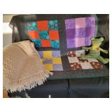 Patchwork Quilt 35 x 38, Knit afghan, Stuffed Bear