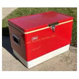Red Coleman Metal Cooler with Tray