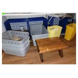 Plastic Storage Bins, Wooden Stool, Trash Bins