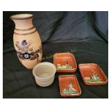 Mexican Pottery Vase, Dishes with Handpainted Desi