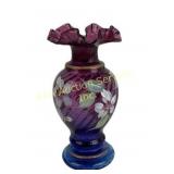 Fenton Mulberry Glass Vase with Floral Design