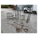 Garden racks, shelves, shovels, rakes, oar