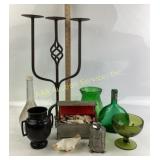 Wrought Iron Candelabra, Glassware, Metal Trinket