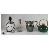 Lamp, Silver Plate Pitcher, Candlestick, Green Tea