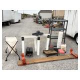 Scaffolding, sawhorses, shelf, buckets