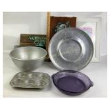 Aluminum Tray and Bowl, Framed Artwork, Pyrex Wood
